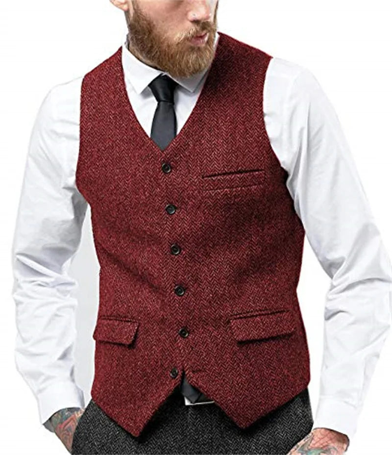 Men's Herringbone Waistcoat Single Breasted Slim Fit Suit Vest for Wedding & Formal Occasions