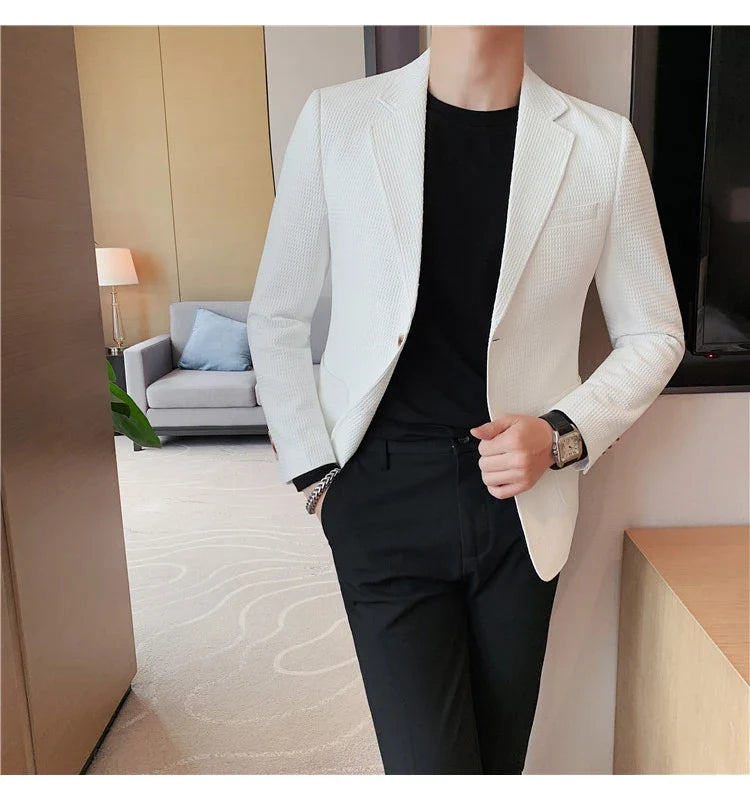 2025 Spring New Waffle Suit Coats Men Slim Fit Business Casual Blazer Jacket Homme Formal Groom Prom Wedding Tuxedo 4XL-M
