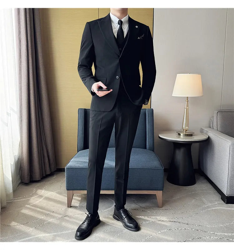 Men's 3 Piece Suit Set Double‑Button Solid Color Slim Fit Business Casual Wedding Banquet Party Jacket Vest Pants Formal Outfit