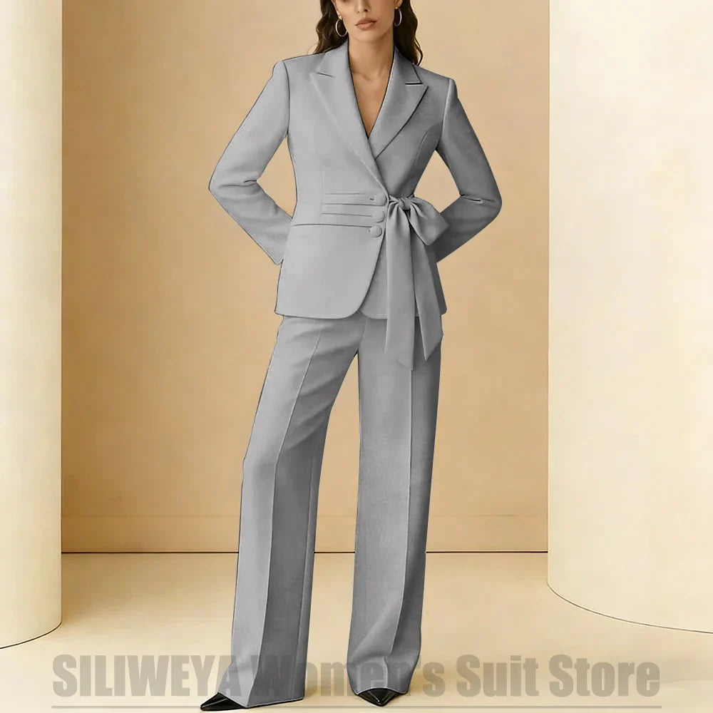 Women's Suit 2 Piece Bow Belt Design Formal Outfit for Wedding Party Prom Office Fashion Peak Lapel Daily Casual Lady Suits