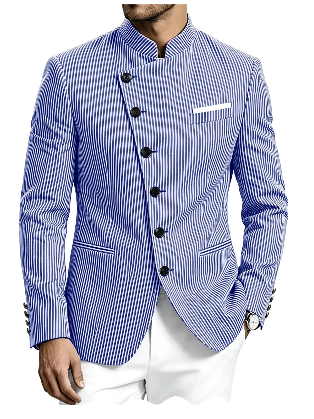 Men Mandarin Collar Suit Jacket Stand Collar Asymmetrical Single Breasted Men Blazer Slim Fit Business Formal Coat For Business