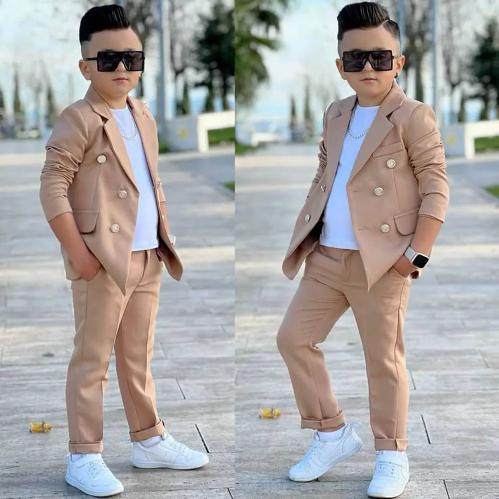 Boys Double Breasted Suit 2 Piece Jacket Pants Kids Formal Outfit Fashion Costume For Wedding Birthday Party Photoshoot Wear