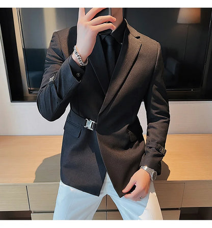 Men's Slim Fit Blazer Metal Buckle Decoration Smart Casual Wedding Party Jacket