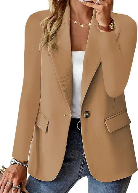 Women's Solid Color Single Button Blazer Autumn Long Sleeve Lapel Office Jacket Slim Fit Casual Workwear with Front Pockets