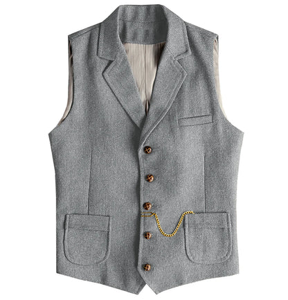 Men's Waistcoat Herringbone Single Breasted Notch Lapel Slim Fit Vest for Wedding & Business