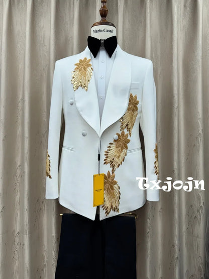 Golden Embroidery Men's Slim Fit Suits 2 Pieces Party Prom Wear Double Breasted Man Tuxedo Host Costumes High Quality Suit Set