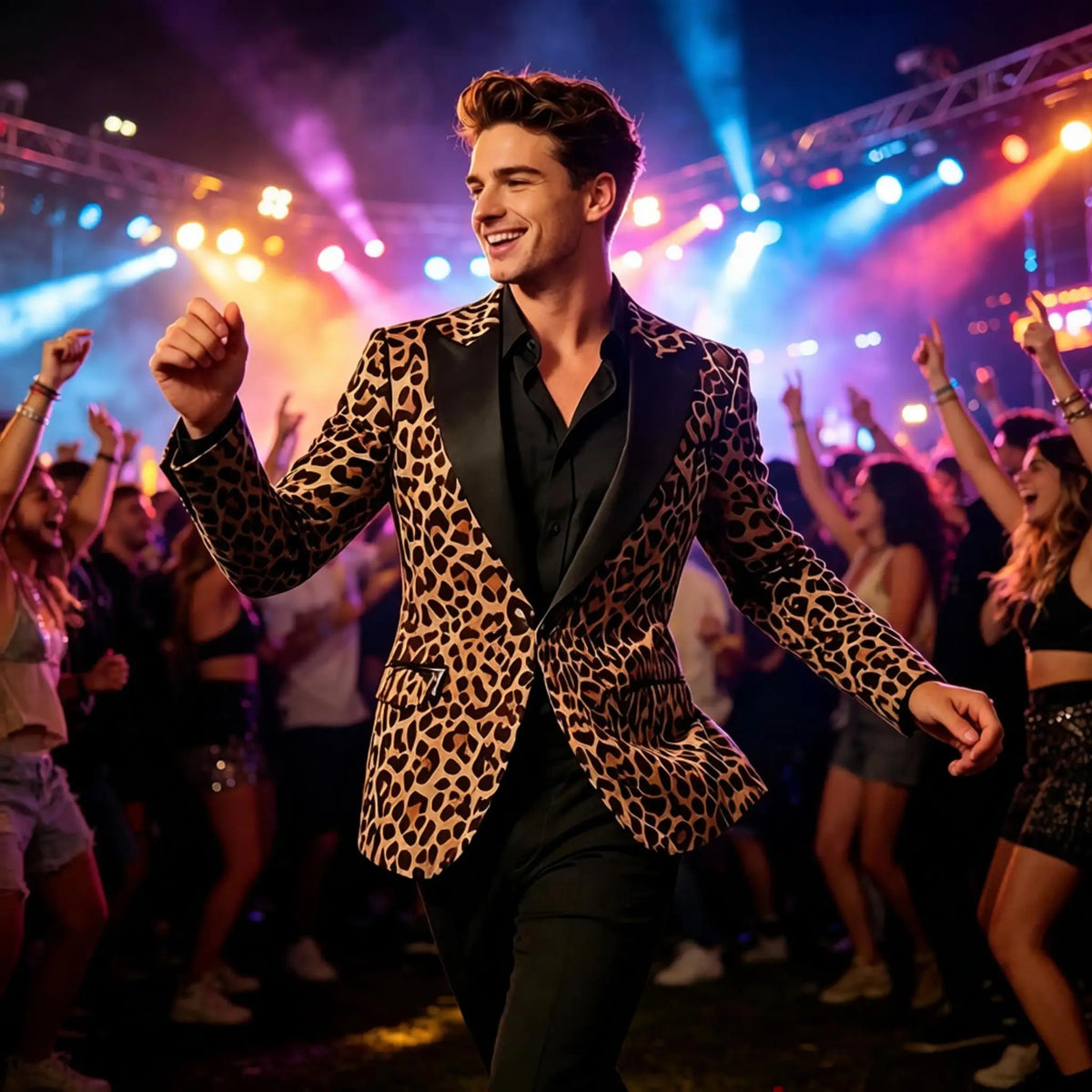 Men's Leopard Print Tuxedo Blazer Satin Lapel Slim Fit One Button Suit Jacket Party Club Stage Wedding Dinner Formal Coat