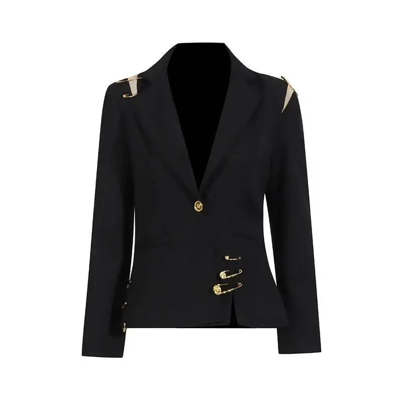 Autumn New Women Chic Blazer Asymmetrical Pin Design Single Button Slim Fit Elegant Fashion Office Lady Stylish Coat HK9876