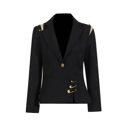 Autumn New Women Chic Blazer Asymmetrical Pin Design Single Button Slim Fit Elegant Fashion Office Lady Stylish Coat HK9876