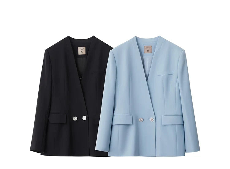 Minimalism Blazers For Women 2026 Autumn New Commuter V-neck Heart-shaped Buckle Shoulder-pad Professional Jackets 12453042