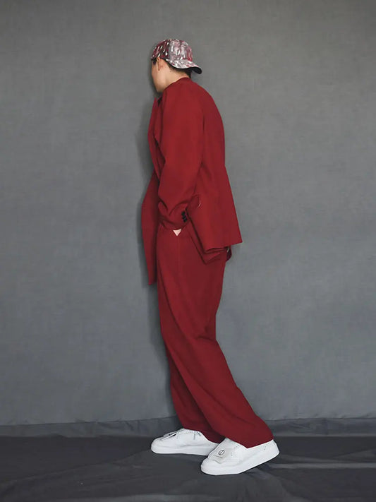 Men's Two-Piece Suit Set – Red Double Breasted Blazer & Pants for Stage, Work & Smart Casual Wear
