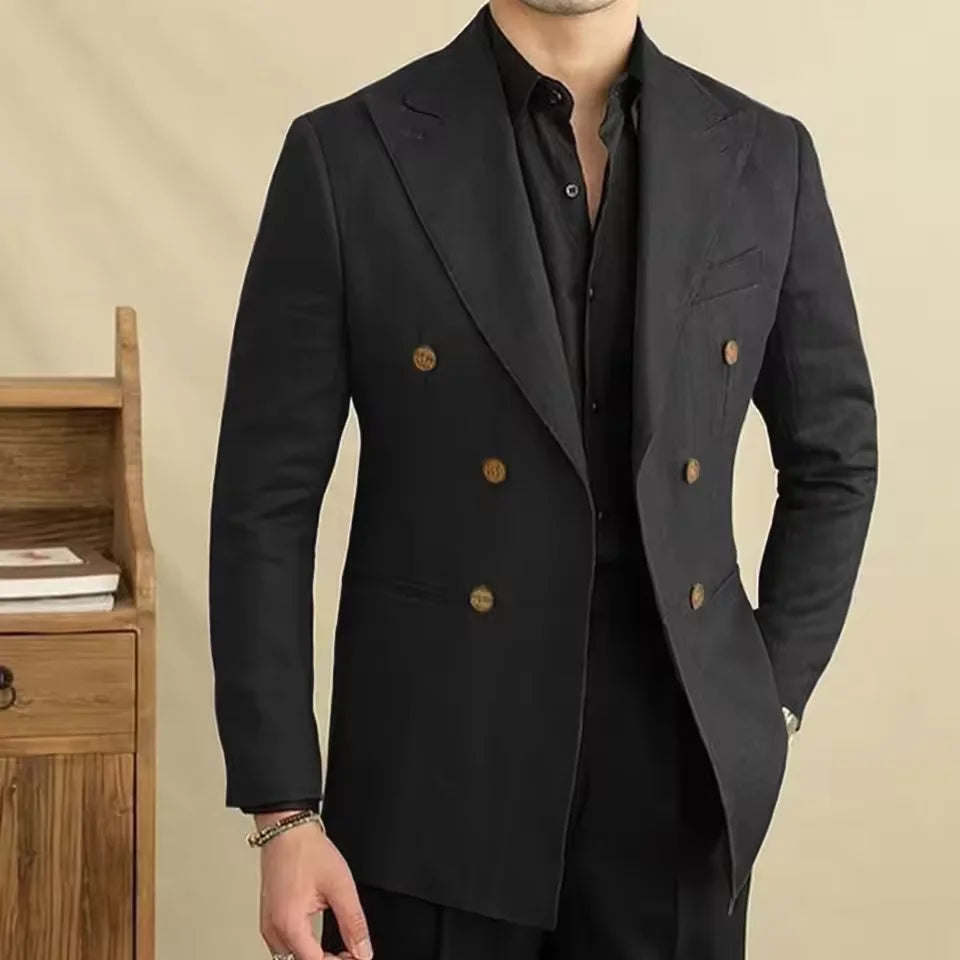 Vintage Men's Linen Blazer Double Breasted Peak Lapel Slim Fit Jacket Breathable Soft Wrinkle Free Business Casual Men Suit Coat