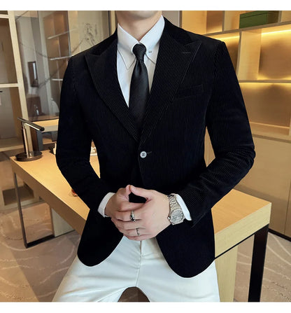 Corduroy Stripe Suit Jacket For Men Autumn Winter Business Slim Fit Tailcoat Formal Wedding Party Fashion Casual Suit Coat 4XL-M