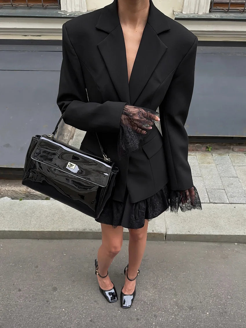 Elegant Black Lace Splice Long Sleeve Women's  Commute Style Fashion Design Polyester Fabric Business Casual Coat