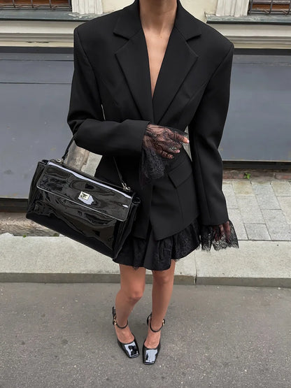 Elegant Black Lace Splice Long Sleeve Women's  Commute Style Fashion Design Polyester Fabric Business Casual Coat