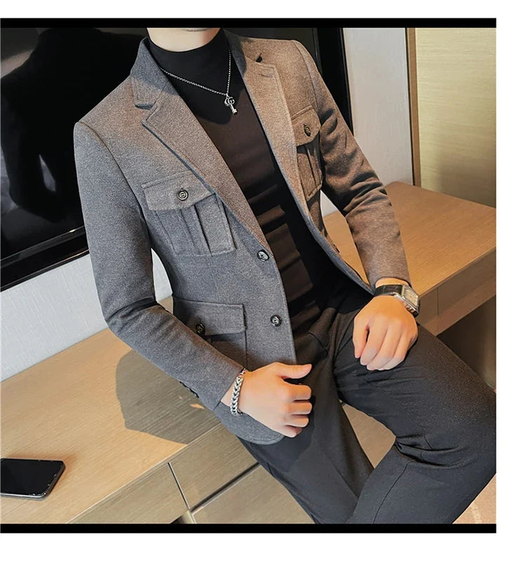 Winter Woolen Suit Jacket for Men Multiple Pockets Slim Fit Casual Business Blazers Masculino Wedding Streetwear Social Coats