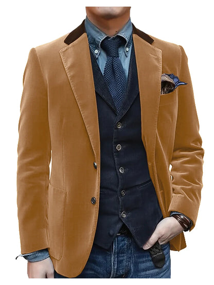 Men Velvet Blazer Contrast Brown Lapel Single Breasted Flap Pockets Smart Casual Business Streetwear Formal Outerwear