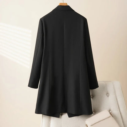 Elegant mid-length black womens blazer for autumn and winter simple one-button design with a slimming drape effect suitable for commuting