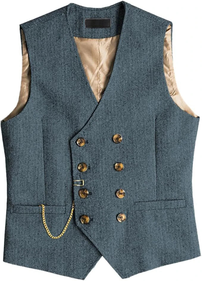 Men's Waistcoat Herringbone Double Breasted Vest for Wedding Banquet