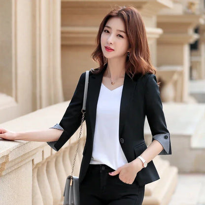New Autumn Office Lady Solid Color Three Quarter Sleeve Blazer Women Casual One Button Formal Slim Fit Dress Suit Jacket Women