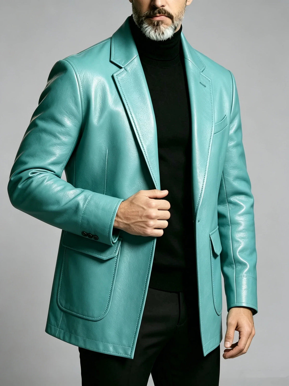 Men's PU Leather Blazer Single Breasted Slim Fit Notched Collar Suit Jacket Motorcycle Sport Coat For Formal Business Party