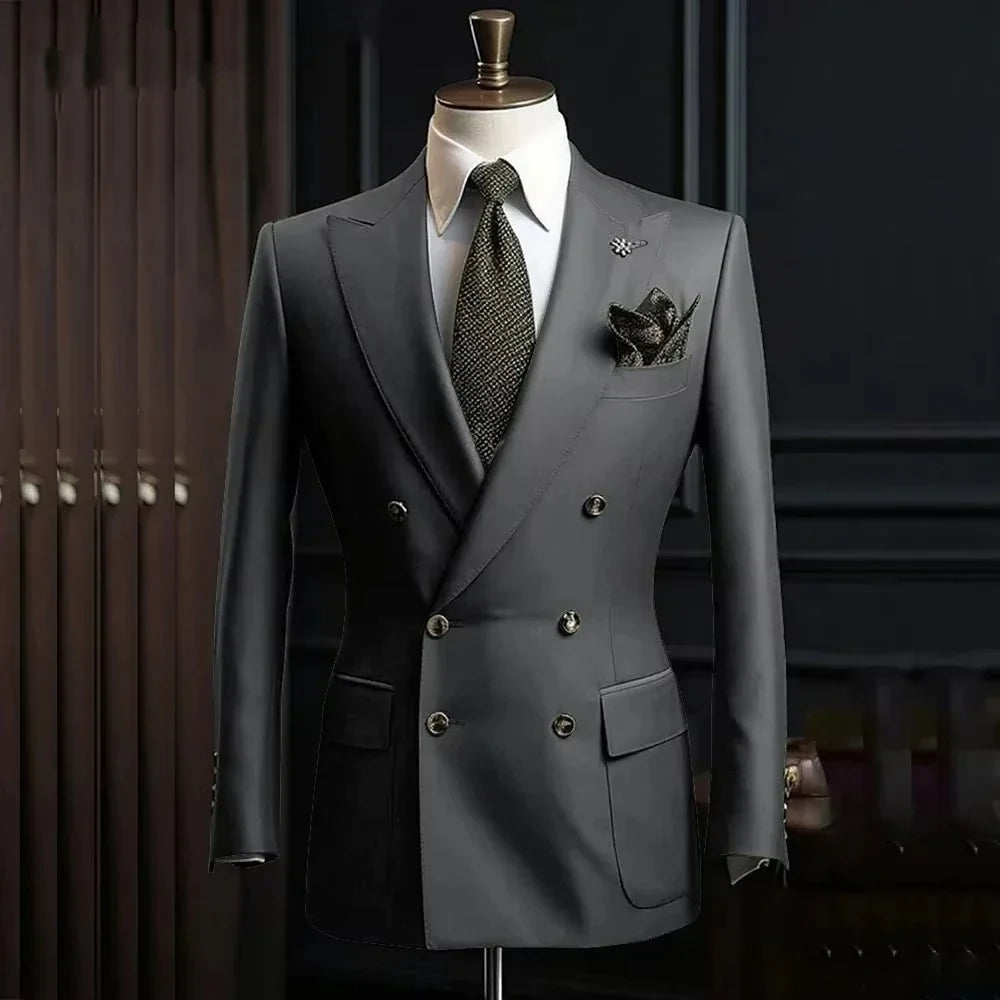 Solid Blazer for Men Peak Lapel Double Breasted Dinner Jacket Elegant Smoking Slim Fit Suit Coat for Wedding/Business Banquet