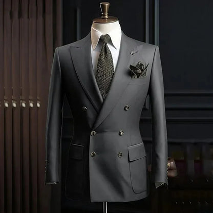 Solid Blazer for Men Peak Lapel Double Breasted Dinner Jacket Elegant Smoking Slim Fit Suit Coat for Wedding/Business Banquet