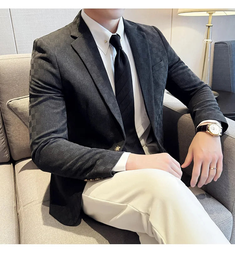 2024 Spring Plaid Blazers Men Single Breasted Casual Business Suit Jacket Fashion Slim Social Banquet Wedding Groom Dress Coats
