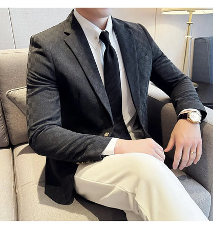 2024 Spring Plaid Blazers Men Single Breasted Casual Business Suit Jacket Fashion Slim Social Banquet Wedding Groom Dress Coats