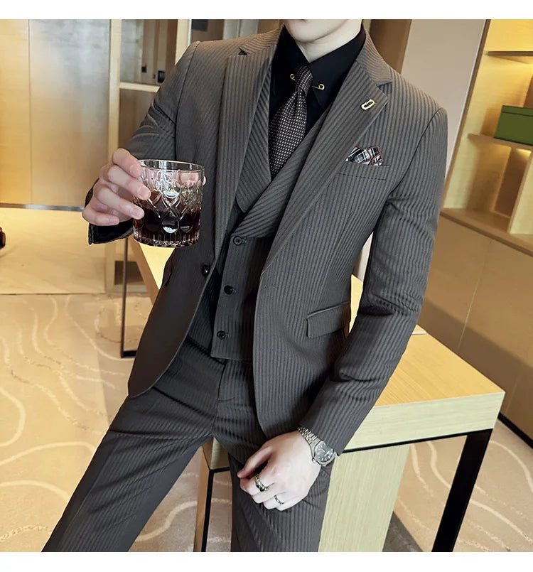 (Jackets+Pants+Vest) Luxury Stripe Men Suit Korean Version Fashion Elegant Slim Fit Tuxedo Formal Groom Wedding Social Suits
