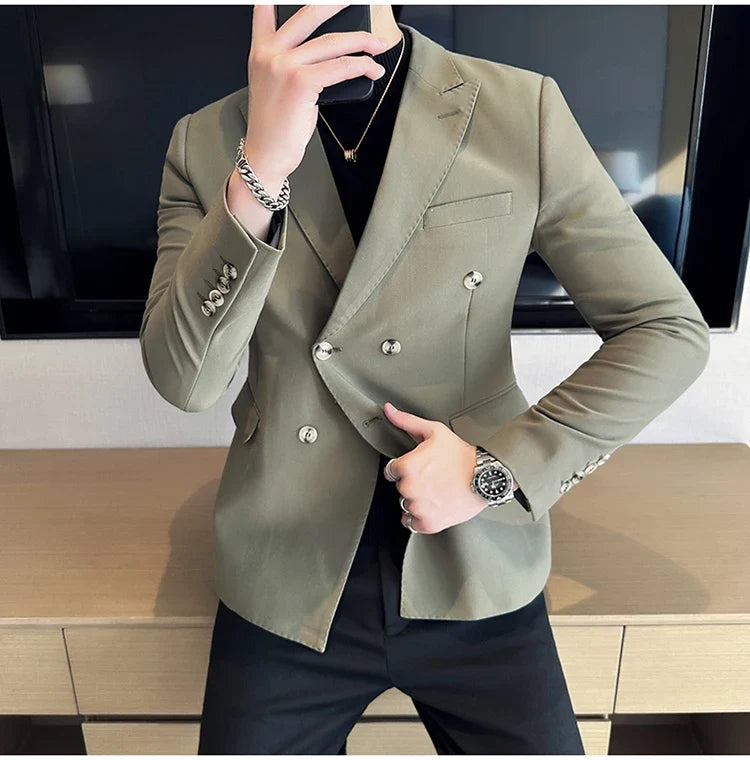 Autumn High-quality Double Breasted Slim Fit Suit Jacket Men Versatile Casual Business Blazer Wedding Social Banquet Formal Coat