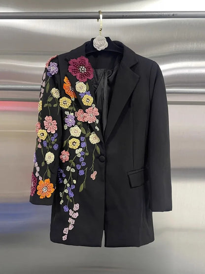 Elegant Women New Autumn Embroidery Floral Blazer Jacket Loose Fit Single Button Work Suit Coat Outwear Fashion Office Ladies
