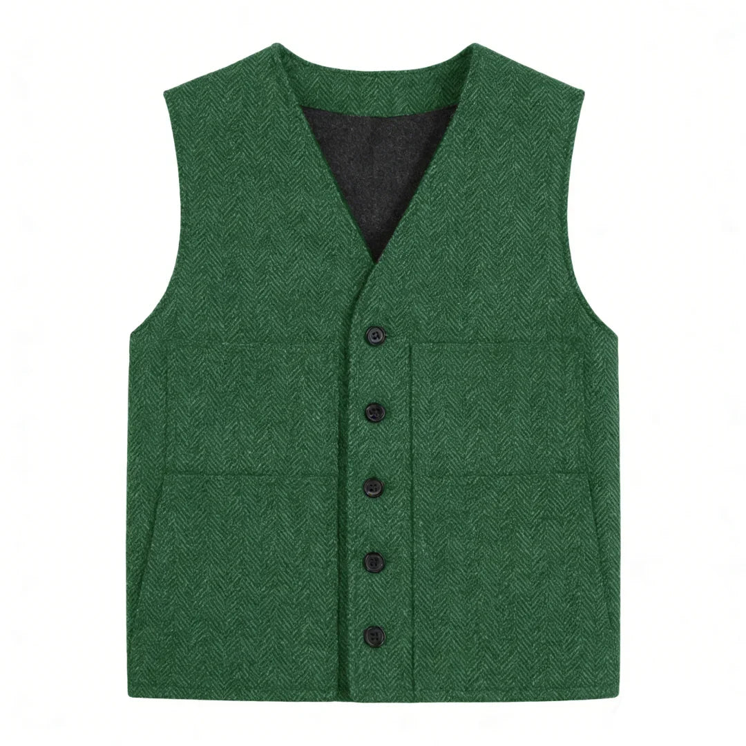 Men's Vest Gray Herringbone Single Button V-Neck Waistcoat for Wedding & Business