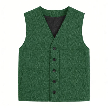 Men's Vest Gray Herringbone Single Button V-Neck Waistcoat for Wedding & Business