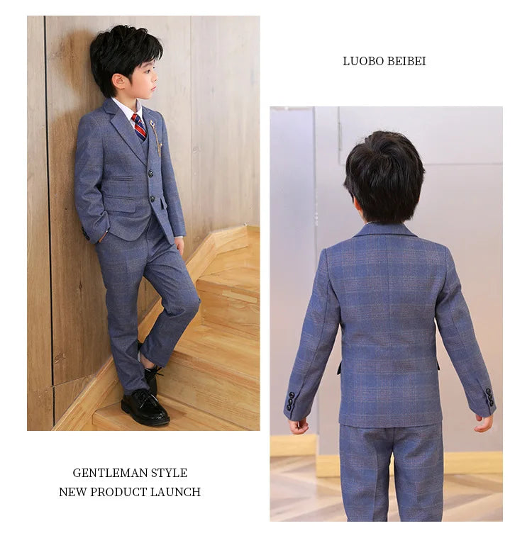 High Quality Boys Plaid Wedding Suits Kids Morning Coat Formal Dress Child Tuxedos Blazer Clothes Sets Toddler School Uniforms