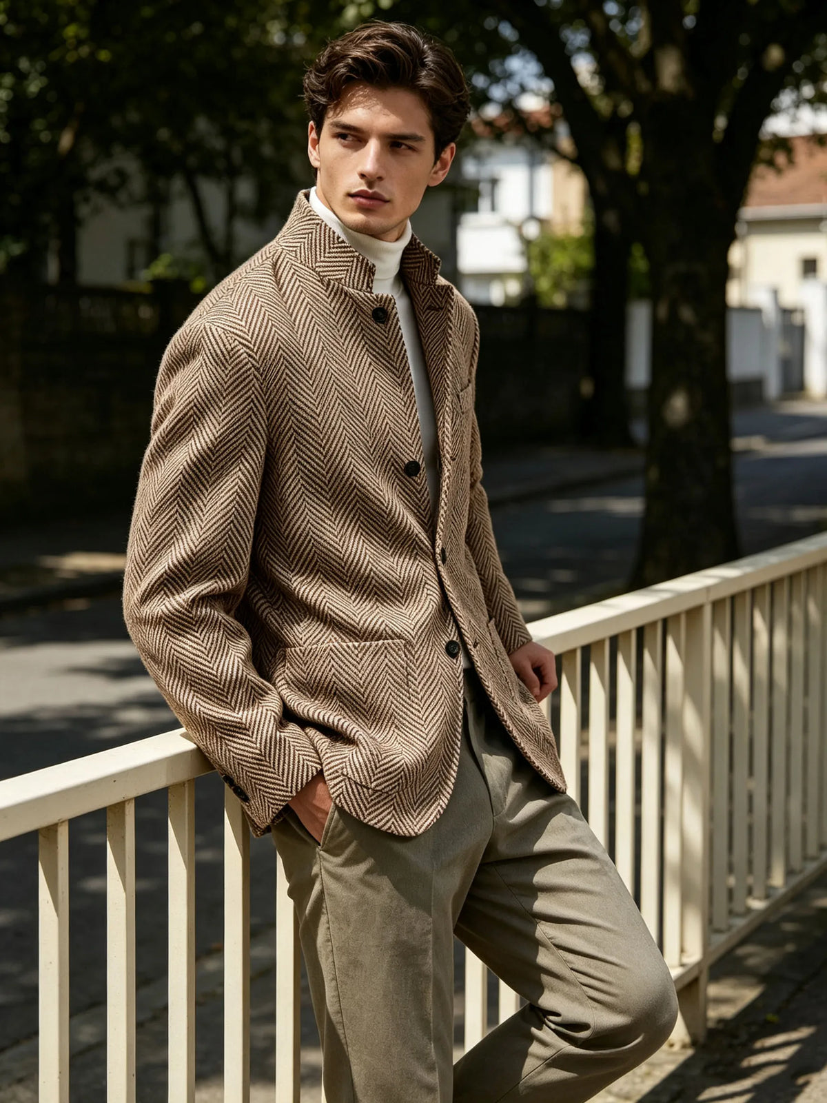 Men's Herringbone Tweed Stand Collar Blazer  Notch Lapel Slim Fit Wool Blend Sport Coat Business Casual Wedding Prom Man Jackets
