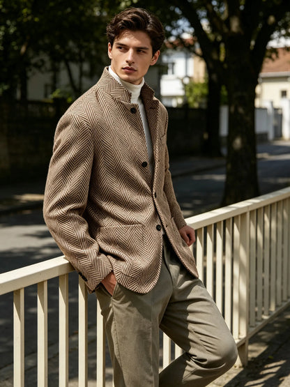 Men's Herringbone Tweed Stand Collar Blazer  Notch Lapel Slim Fit Wool Blend Sport Coat Business Casual Wedding Prom Man Jackets