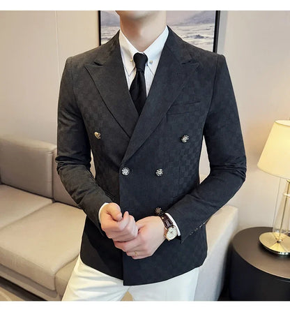 6 Color Luxury Double Breasted Blazers Coats 2024 New Fashion Checkered Business Slim Fit Social   Formal Suit Jacket 5XL-M