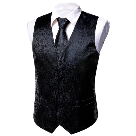 Men's Vest 5-Piece Set Solid Black Subtle Paisley V-Neck for Banquet Gala Anniversary