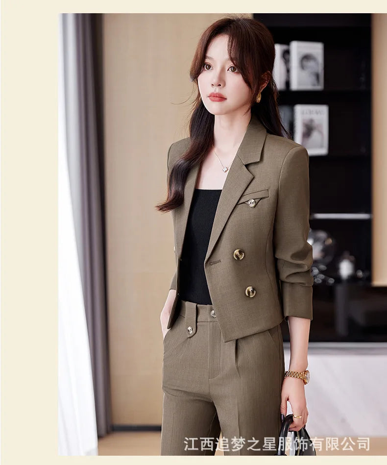 Blue Suit Women 2024 New Spring High End Fashion Temperament Professional Short Blazer And Pants Sets Office Ladies Work Wear