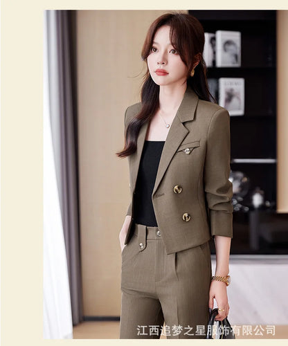 Spring Autumn Solid Women Suits Office Sets 2024 New Fashion Double Breasted Short Blazers Casual High Waist Pencil Pants Suits