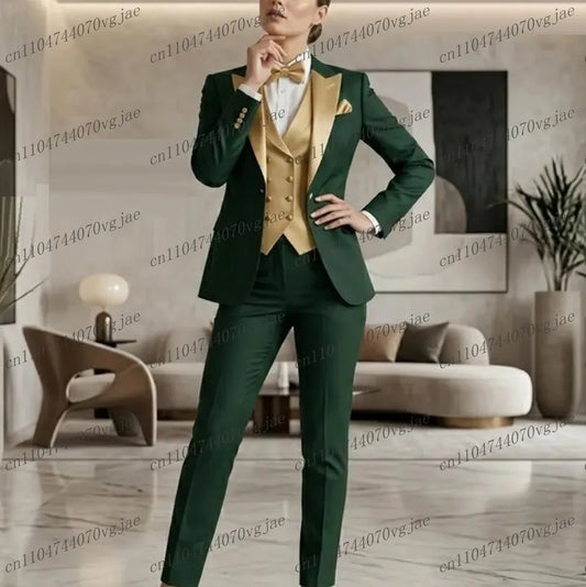 Dark Green And Champagne Formal Business Women Suit Wedding Party Prom Ladies Mother Girl Tuxedos 3 Piece Set Blazer Vest Pants