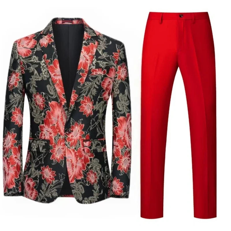 Men Suit 2 Pieces Orange Flower Pattern One Button Business Casual For  Wedding Birthday Party Set Jacket And Pants
