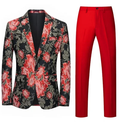 Men Suit 2 Pieces Orange Flower Pattern One Button Business Casual For  Wedding Birthday Party Set Jacket And Pants