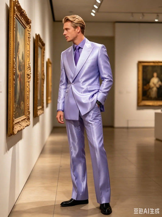 Luxury Men‘s Satin Suit 2 Piece Set Peak Lapel Slim Fit Tuxedo Jacket Straight Leg Pants Formal Outfit Wedding Prom Party Groom