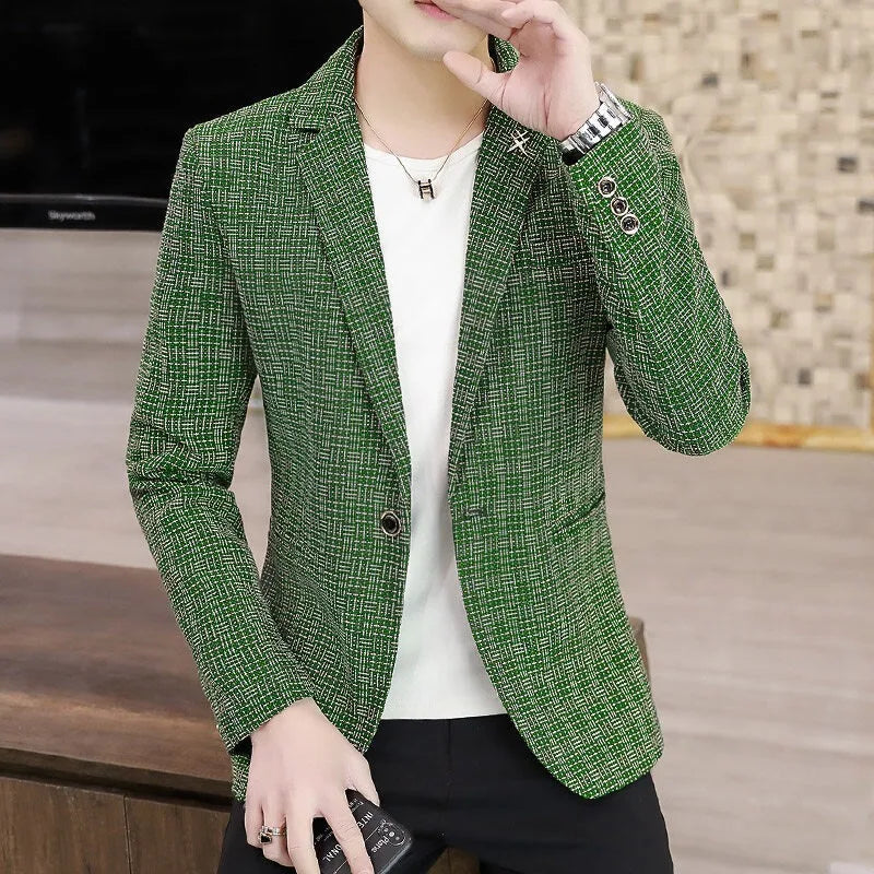 KIDWHXR Suit Coat Man British Style Striped Single-breasted Men Blazer Slim Long Sleeve Comfortable Male Casual Outerwear