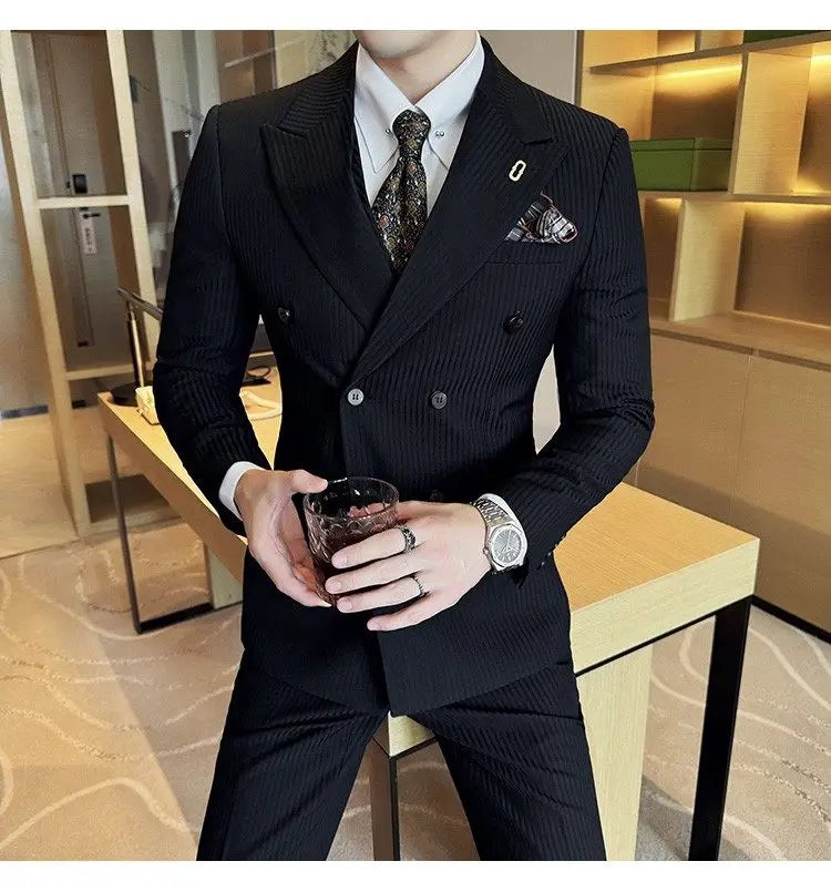 Korean Slim Fitt Wedding Suit Fashion Striped Double Breasted Suit 3 Piece Set Business Formal Casual Party Prom Host Suits