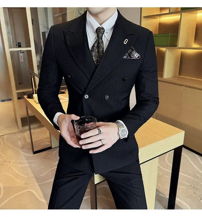 Korean Slim Fitt Wedding Suit Fashion Striped Double Breasted Suit 3 Piece Set Business Formal Casual Party Prom Host Suits