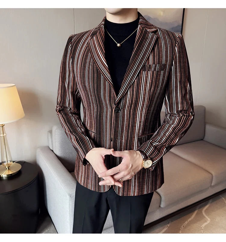 High Quality Plush Striped Fashion casual Suit Jacket Autumn Winter New Men Slim Fit Business Formal Social Prom Party Tuxedos