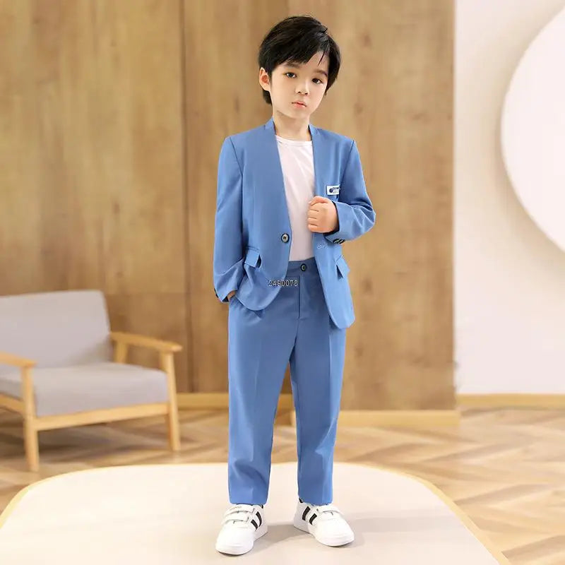 Boys Formal Suit Set Kids Wedding Tuxedo Jacket Pants Blue Ceremony Outfit